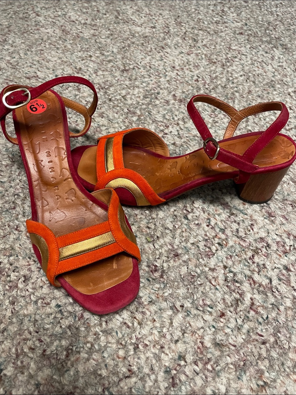 Chie mihara gold/Orange & Red wood Block Heel ankle strap Sandals